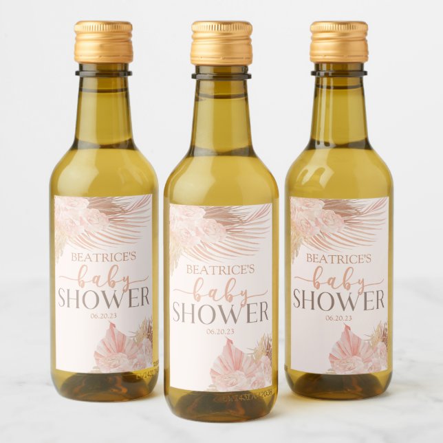 Boho Soft Pink Floral Flower Baby Shower Wine Label (Bottles)