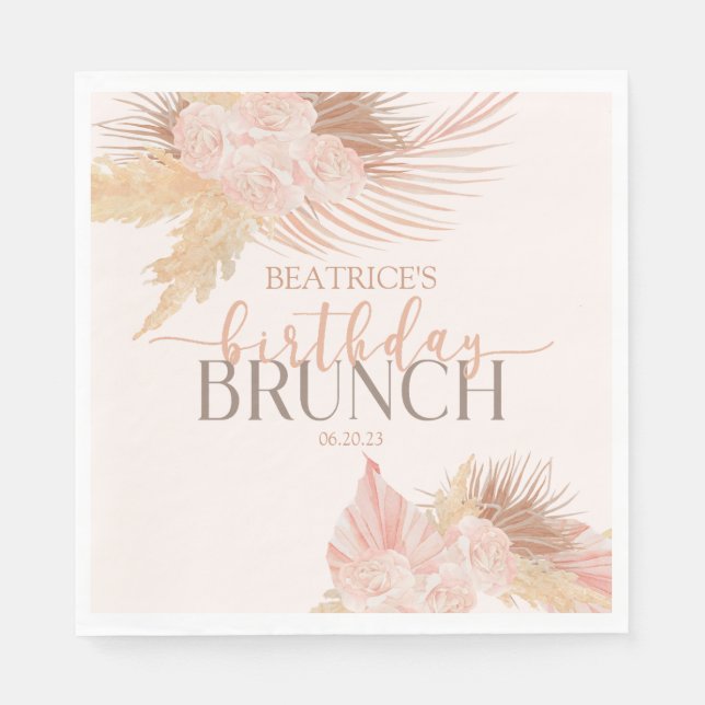 Boho Soft Pink Floral Flower Birthday Brunch Party Napkin (Front)
