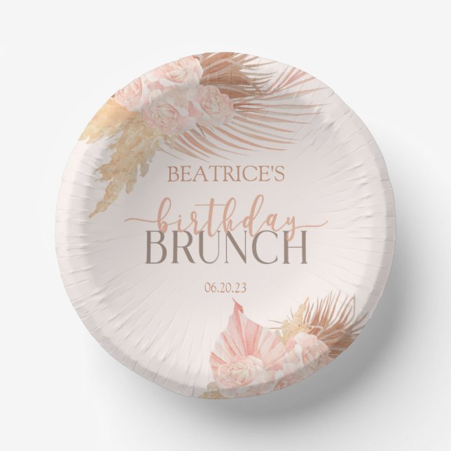 Boho Soft Pink Floral Flower Birthday Brunch Party Paper Plate (Front)