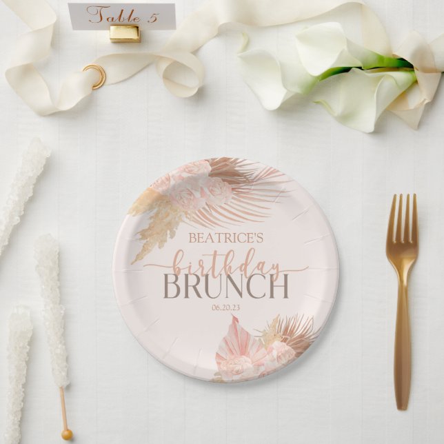 Boho Soft Pink Floral Flower Birthday Brunch Party Paper Plate (Wedding)