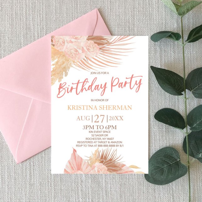 Boho Soft Pink Floral Flower Birthday Party Invitation (Creator Uploaded)
