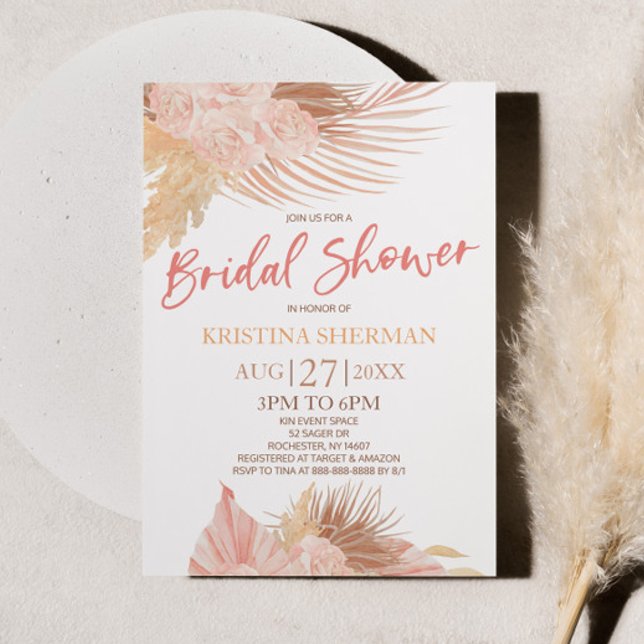 Boho Soft Pink Floral Flower Bridal Shower Invitation (Creator Uploaded)