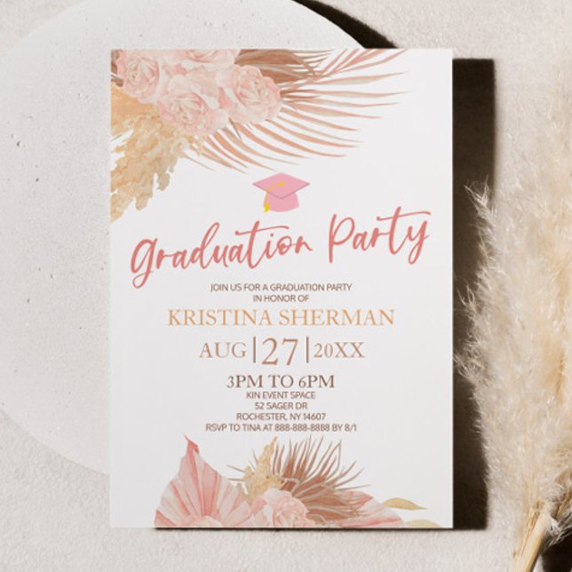 Boho Soft Pink Floral Flower Graduation Party Invitation (Creator Uploaded)