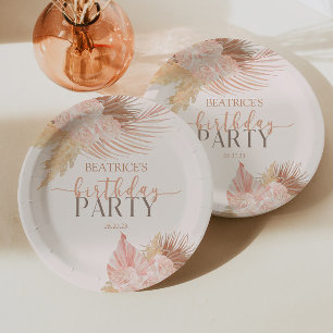 Boho Soft Pink Floral Flowers Birthday Party Paper Plate