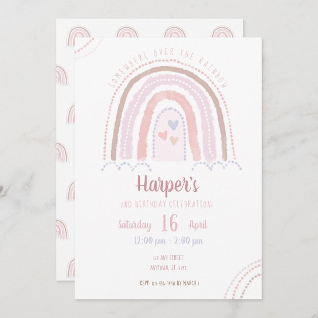 Boho Somewhere Over the Rainbow Birthday Invitation (Front/Back)