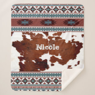 Boho South Western Cowhide Name Sherpa Blanket