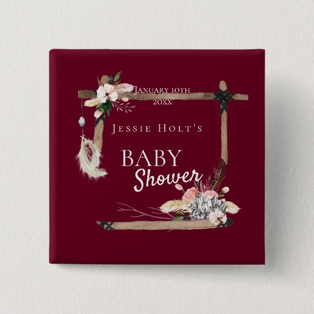 Boho Southwestern Burgundy Baby Shower 15 Cm Square Badge (Front)