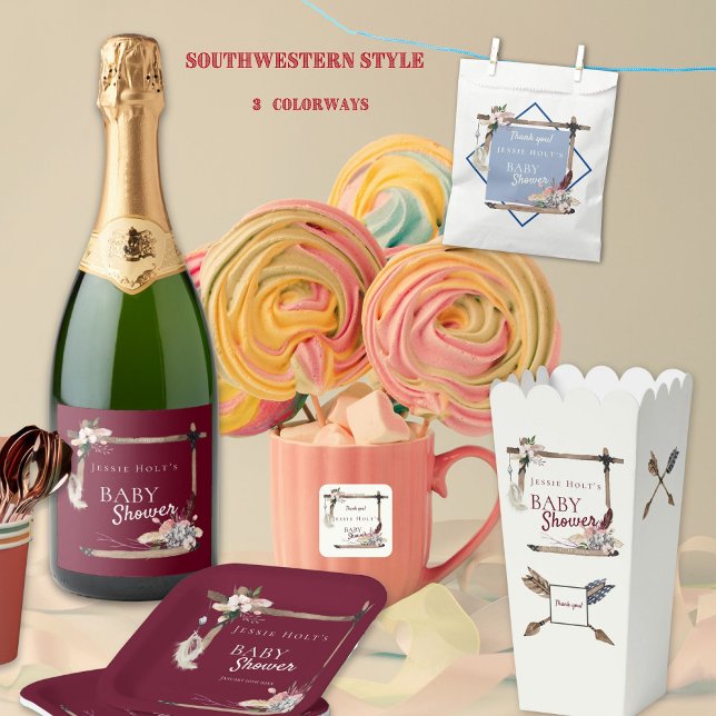 Boho Southwestern Burgundy Baby Shower Square Paper Coaster (Burgundy Southwestern boho style for a stylish Baby Shower.)