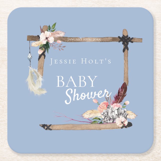 Boho Southwestern Chambray Baby Shower Square Paper Coaster (Front)
