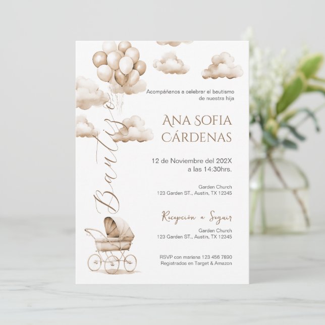 Boho Spanish Baptism Girl invitation (Standing Front)