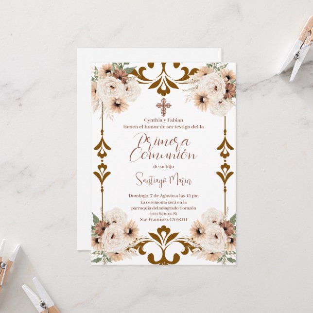Boho Spanish First Holy Communion Invitation (Front/Back In Situ)