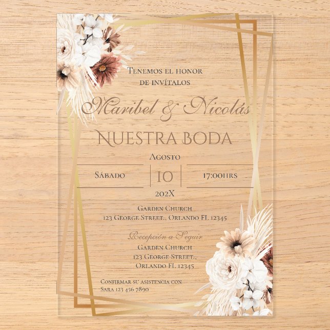 Boho Spanish Wedding Acrylic Invitation (Front)