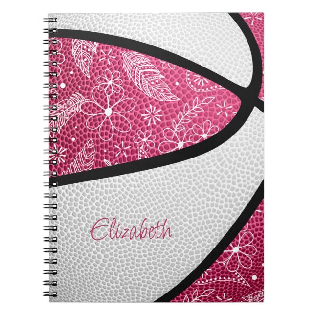 Boho sports doodle feathers pink white basketball notebook (Front)