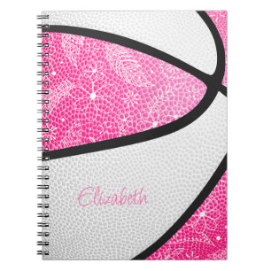 Boho sports doodle feathers pink white basketball notebook