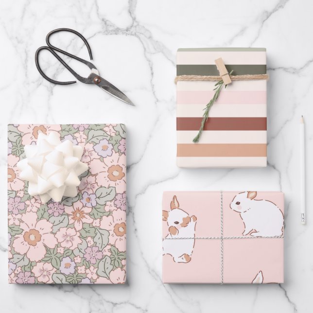 Boho Spring Bunny Botanical Wrapping Paper Sheet (Front)