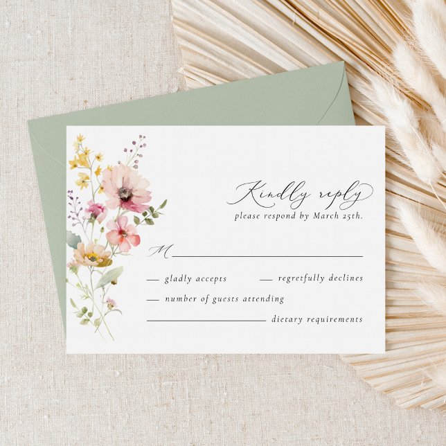 Boho Spring Colourful Wildflower Wedding RSVP Card (Wildflower meadow wedding RSVP card with soft floral illustration and elegant calligraphy)