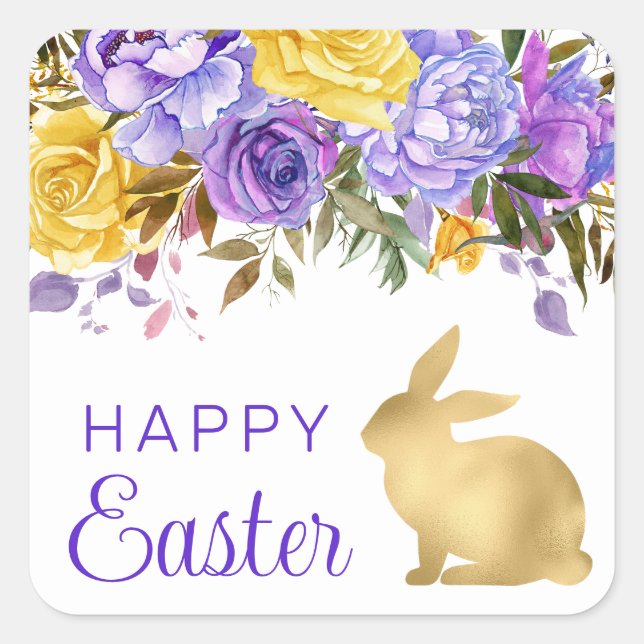 Boho Spring Flowers and Gold Bunnies Happy Easter Square Sticker (Front)
