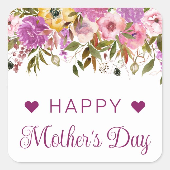 Boho Spring Flowers and Gold Bunnies Mother's Day Square Sticker (Front)