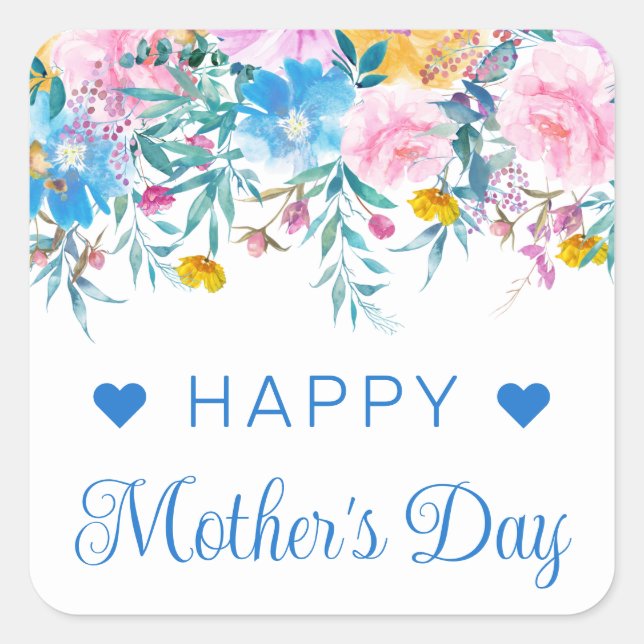 Boho Spring Flowers and Gold Bunnies Mother's Day Square Sticker (Front)