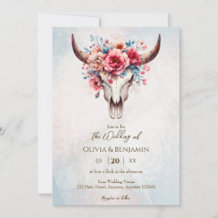 Boho Spring Watercolor Floral Cow Skull Wedding Invitation