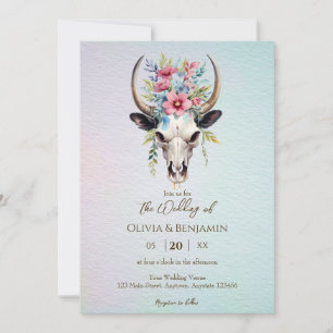 Boho Spring Watercolor Floral Cow Skull Wedding Invitation