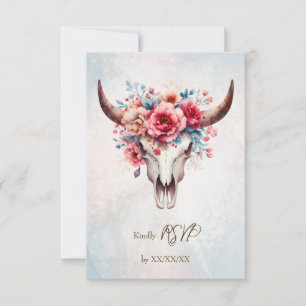 Boho Spring Watercolor Floral Cow Skull Wedding RSVP Card