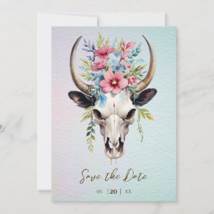 Boho Spring Watercolor Floral Cow Skull Wedding Save The Date