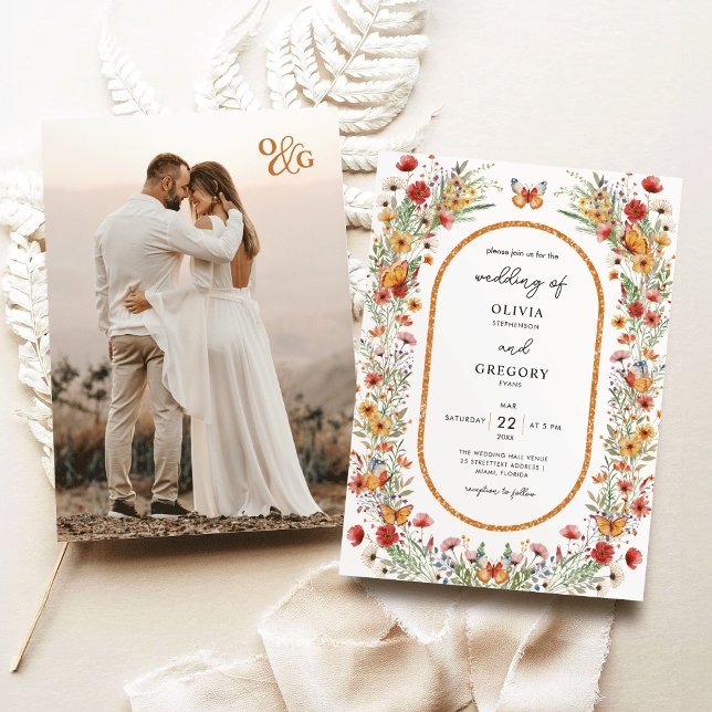 Boho Spring Watercolor Wildflowers Photo Wedding  Invitation (Boho Spring Watercolor Wildflowers Butterflies Monogram photo Wedding Invitation)