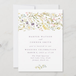 Boho Spring Wild Botanical Florals Stripe Wedding Invitation