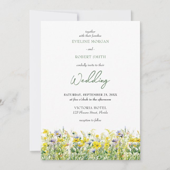 Boho spring wild flowers wedding invitation (Front)