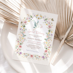 Boho Spring Wildflower Stork Girl Baby Shower Invitation