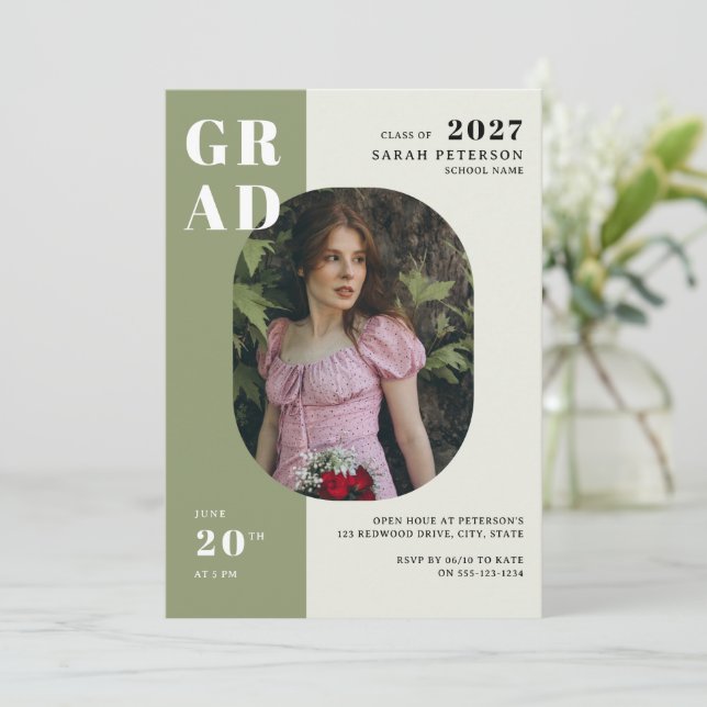Boho Ssge Green Bold Typography Photo Graduation Invitation (Standing Front)