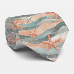 Boho Starfish Terracotta Teal Organic Beach Tie
