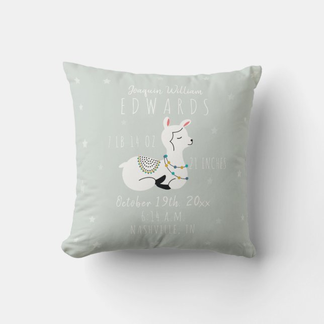 Boho Stars Llama Blue Boy Birth Stats Nursery Cushion (Front)