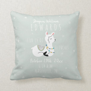 Boho Stars Llama Blue Boy Birth Stats Nursery Cushion
