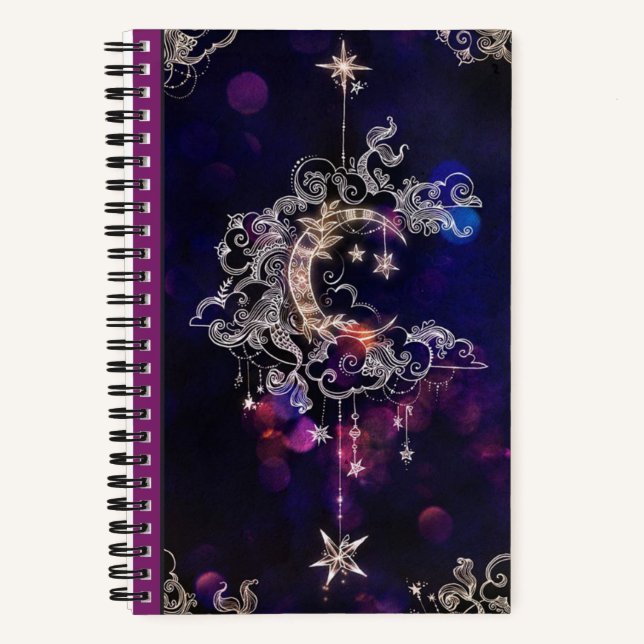 Boho Stars & Moon Purple Add Name Back Cover Notebook (Front)