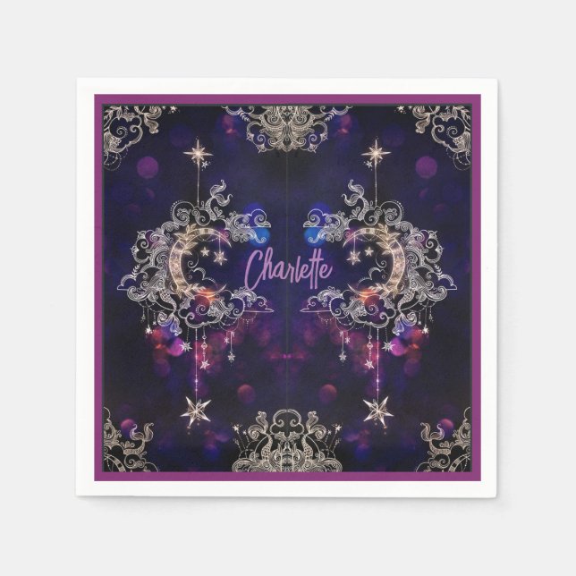 Boho Stars & Moon Purple Add Name Birthday Napkin (Front)