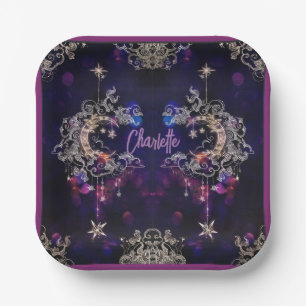 Boho Stars & Moon Purple Add Name Birthday Paper Plate