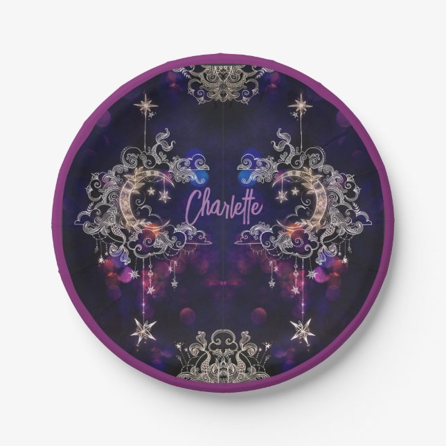 Boho Stars & Moon Purple Name Birthday Party Paper Plate (Front)