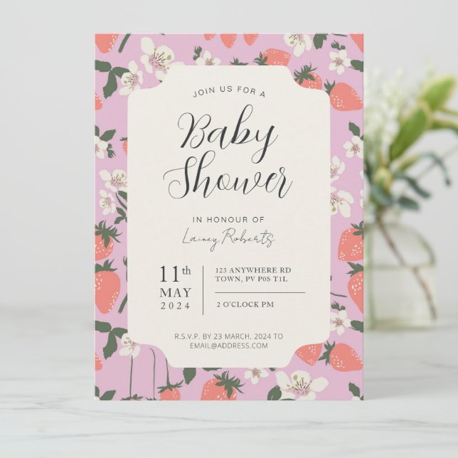 Boho Stawberry Floral Baby Shower Invitation (Standing Front)