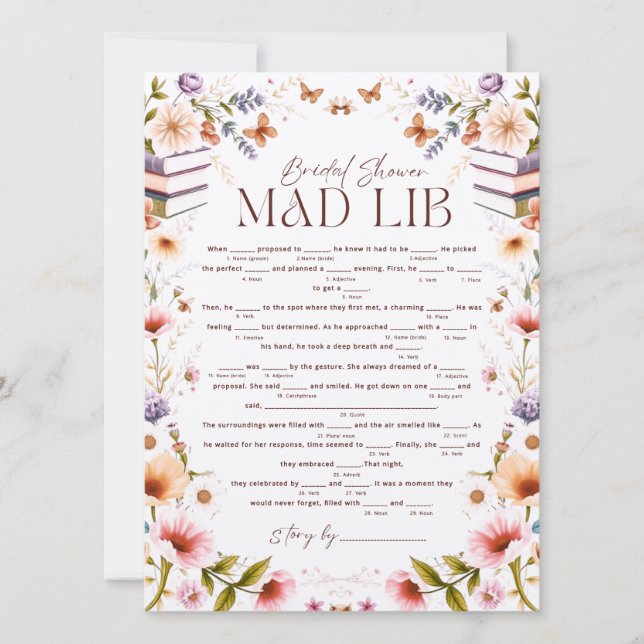 Boho Storybook Floral Mad Libs Bridal Shower Game (Front)