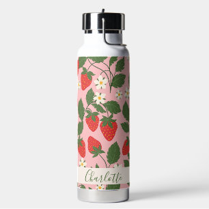 Boho Strawberries Greenery Pink Personalised Name Water Bottle