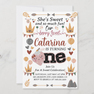 Boho Strawberry 1st Birthday, EDITABLE Berry Sweet Invitation