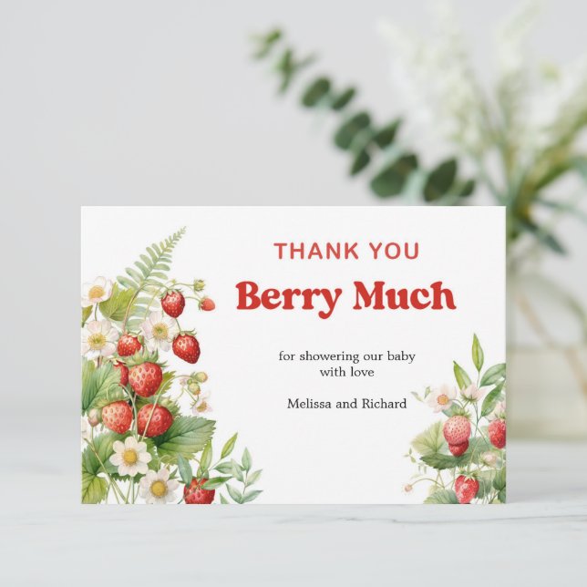 Boho Strawberry Baby Shower Berry Sweet Thank You  Enclosure Card (Standing Front)