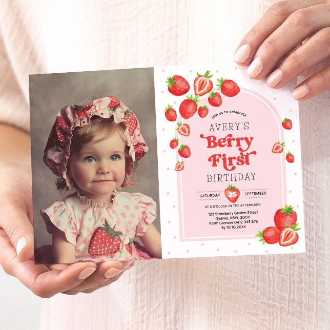 Boho Strawberry Berry First 1st Birthday Photo Invitation (Creator Uploaded)