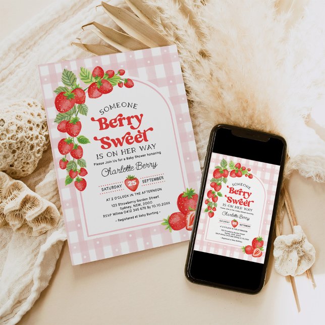 Boho Strawberry Berry Sweet Baby Girl Shower Invitation (Creator Uploaded)