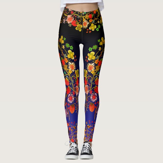 Boho Strawberry Floral Blue Ombre Leggings (Front)