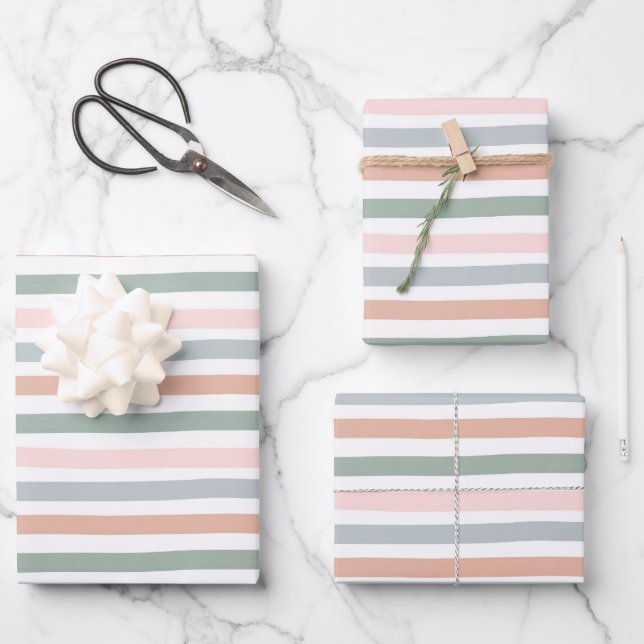 Boho Striped Birthday Baby Shower Pink Blue Green  Wrapping Paper Sheet (Front)