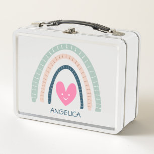 Boho Striped Rainbow with Pink Heart Metal Lunch Box