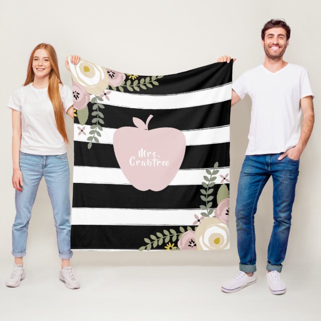 Boho Stripes Dusty Floral Pink Apple Teacher Fleece Blanket (In Situ)